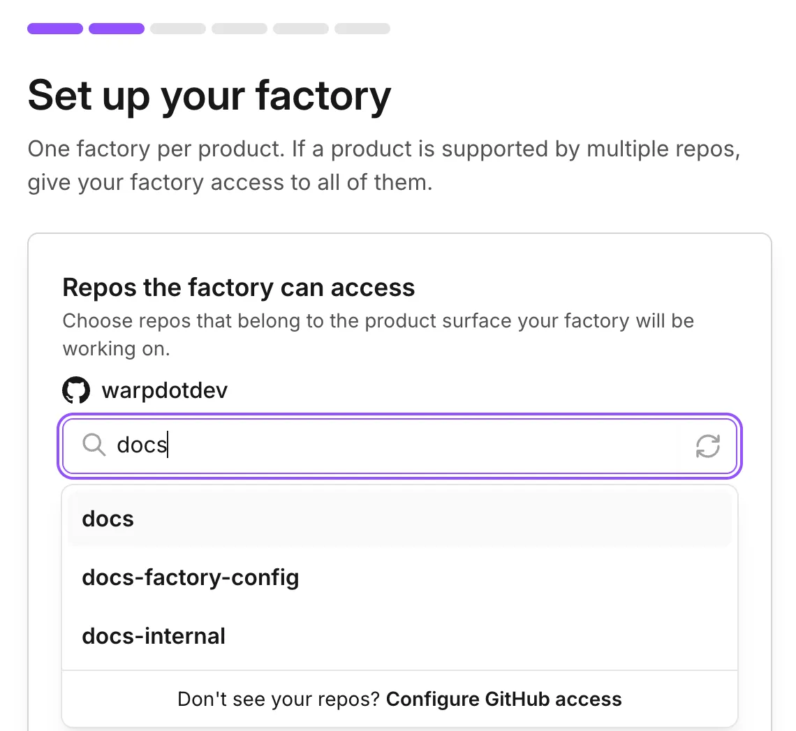 The Set up your factory screen with a progress bar, docs entered in the repository search field, and matching repositories shown.